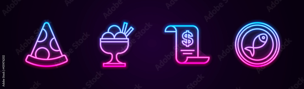 Set line Slice of pizza, Ice cream in bowl, Paper or financial check and Served fish on plate. Glowing neon icon. Vector