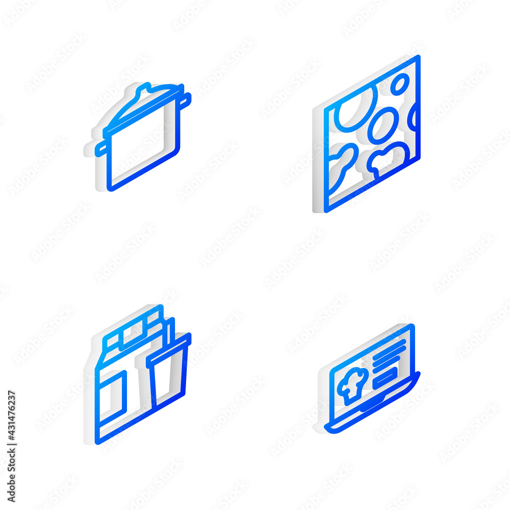Set Isometric line Cheese, Cooking pot, Online ordering and delivery and icon. Vector Set Isometric line Cheese, Cooking pot, Online ordering and delivery and icon. Vector