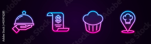 Set line Covered with tray of food, Paper or financial check, Cupcake and Chef hat location. Glowing neon icon. Vector