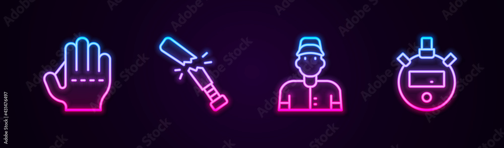 Set line Baseball glove, Broken baseball bat, player and Stopwatch. Glowing neon icon. Vector