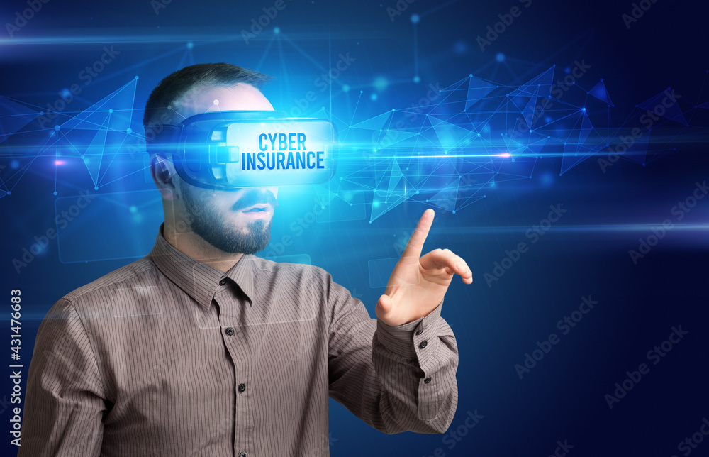 Businessman looking through Virtual Reality glasses, virtual security concept Businessman looking through Virtual Reality glasses, virtual security concept