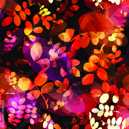Red and orang background with foliage. The leaves of shrubs. Seamless floral pattern. Transparency elements