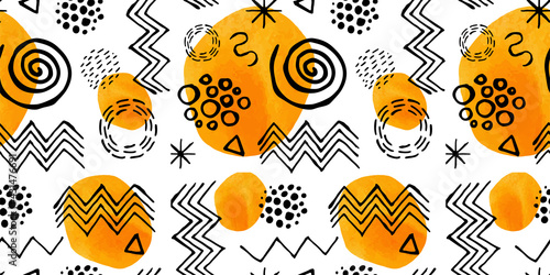 seamless pattern. black geometric scribbles on a background of bright watercolor orange spots. Doodles and a watercolor sun drawn by hand. children's doodles and oranges. vector EPS