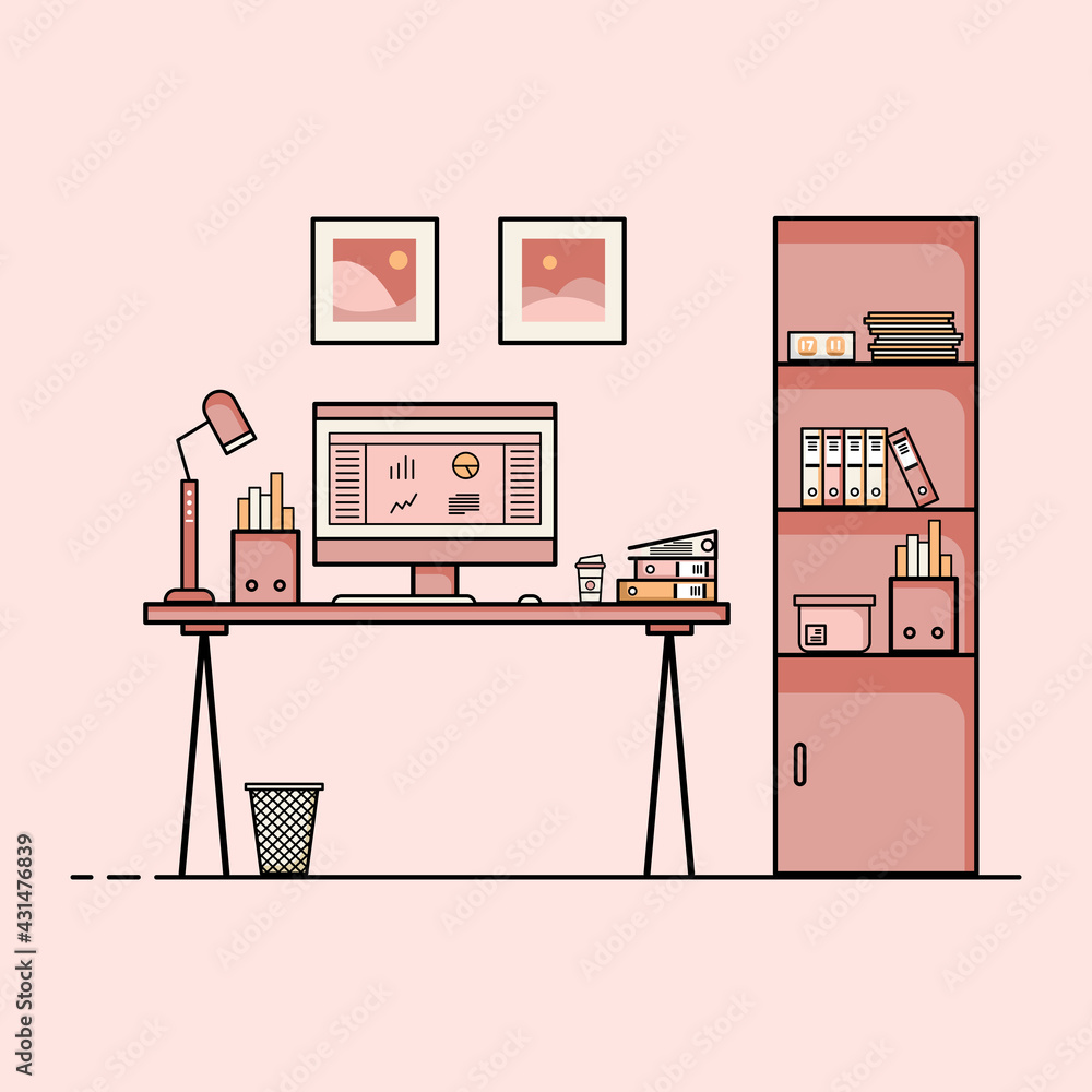 Working table flat design, Concept of working desk interior with furniture.  Work room with computer, desktop, table, chair, book, and stationary  equipment. Work from home cartoon illustration. ilustración de Stock | Adobe