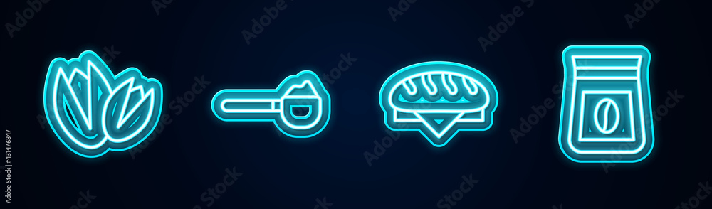 Set line Pistachio nuts, Measuring cup with flour, Bread loaf and Bag of coffee beans. Glowing neon icon. Vector Set line Pistachio nuts, Measuring cup with flour, Bread loaf and Bag of coffee beans. Glowing neon icon. Vector