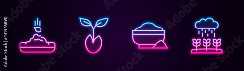 Set line Seed, Sprout, Flour bowl and Plant sprouts grow in the rain. Glowing neon icon. Vector