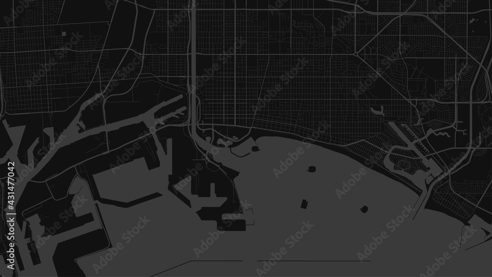 Fototapeta premium Dark grey and black Long Beach city area vector background map, streets and water cartography illustration.