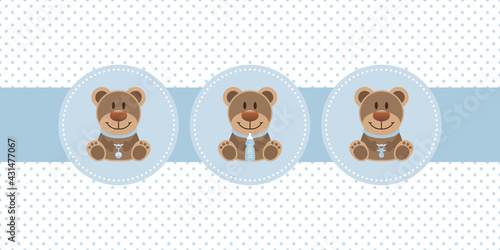 Karte 3 Teddys Babysymbole Junge Punkte Retroblau