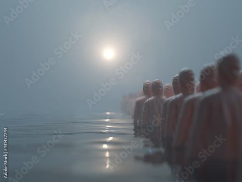 toxic sunrise, a group of people in protective suits are walking on the water 