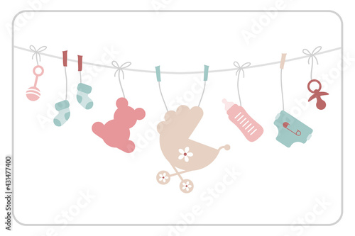 Geschenkkarte Hängende Babysymbole Mädchen Rosa Mintgrün