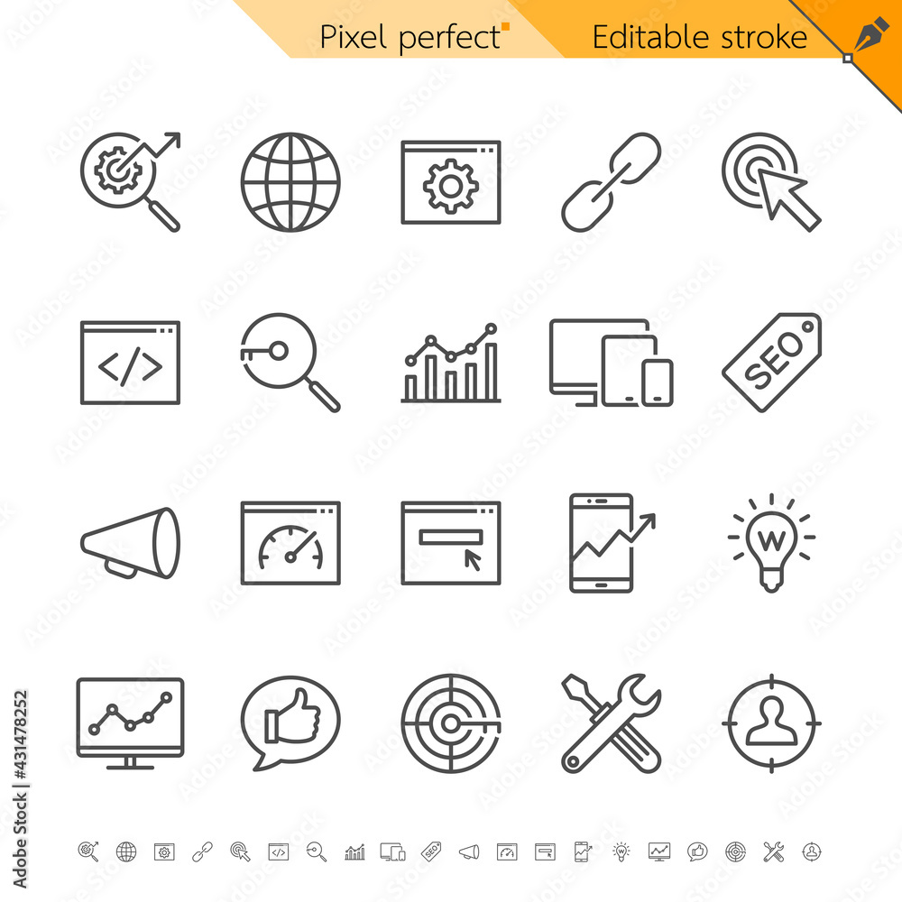 Seo and digital marketing thin line icon set for website optimization and analytics. Pixel perfect. Editable stroke. Seo and digital marketing thin line icon set for website optimization and analytics. Pixel perfect. Editable stroke.
