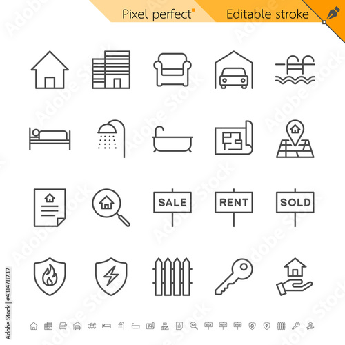 Real estate and property thin line icon set for home rental and sale. Pixel perfect. Editable stroke.