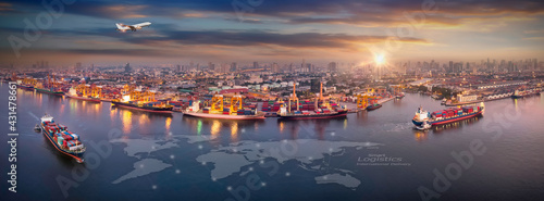 Aerial view and top view cargo plane flying above ship port in the export and import business and Smart logistics international goods. Shipping cargo to harbor by crane