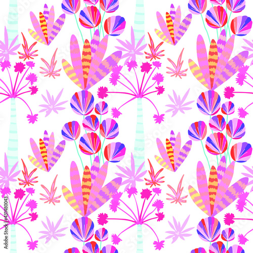 Creative seamless pattern with cartoon forest. Bright summer print with tropical leaves. Tropical pattern. Jungle exotic summer print. 
