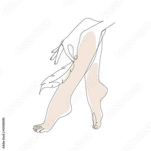 The feather glides on smooth female legs. Depilation, foot care. Drawn with one line. One line art minimalism. Front view.