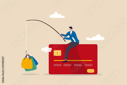 Consumerism and marketing luring people to shop with credit card debt risk, man sitting on credit card fishing with result of shopping bags.