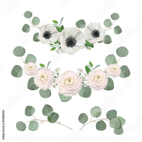 floral wreath, eucalyptus leaves, anemone and ranunculus flowers. Vector template, greeting, wedding card design elements