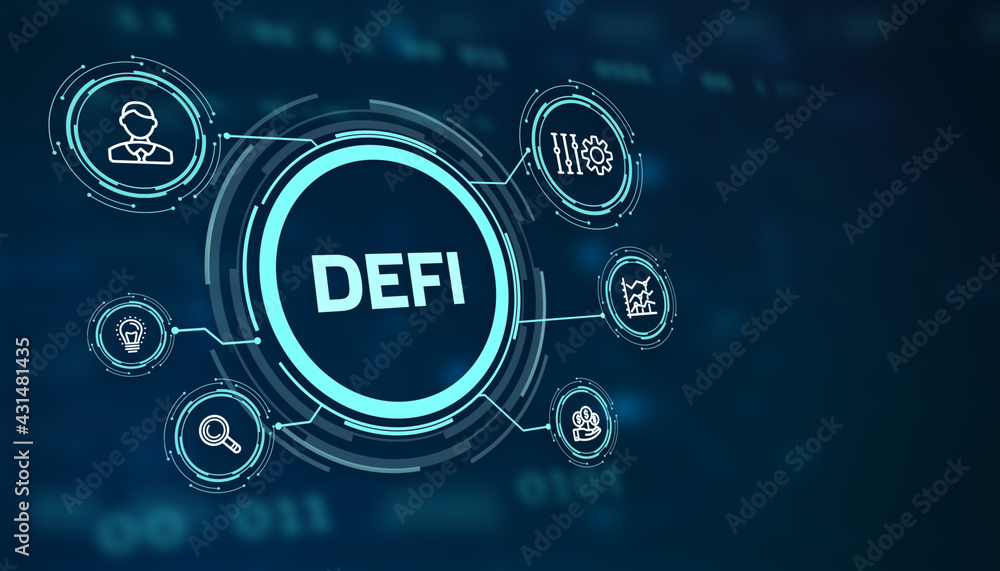 DeFi -Decentralized Finance on dark blue abstract polygonal background. Concept of blockchain, decentralized financial system. DeFi -Decentralized Finance on dark blue abstract polygonal background. Concept of blockchain, decentralized financial system.