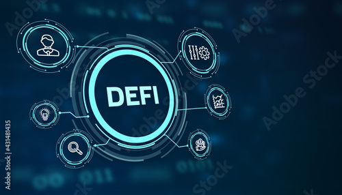 DeFi -Decentralized Finance on dark blue abstract polygonal background. Concept of blockchain, decentralized financial system.