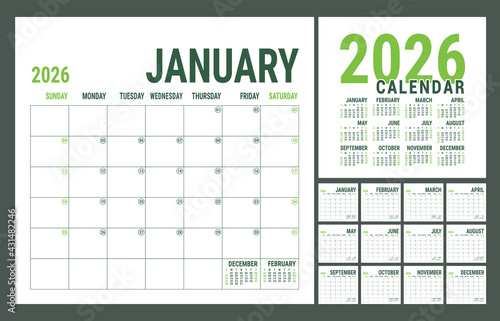 Calendar 2026 year. English planner template. Vector square grid. Office business planning. Creative design. Green color