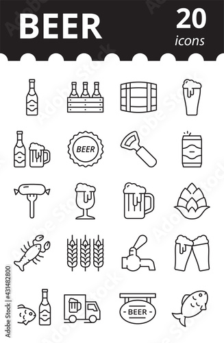 Beer Icons Set. Concept Brewing. Collection vector linear symbols.