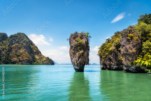 Amazing landscape view of James Bond island near Koh Panyee village, Phangnga province. One landmark of the most famous tourist attraction in southern Thailand.