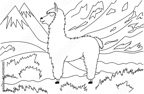Hand-drawn cute llama on a background of mountains. Contour vector outline illustration isolated on white background. Coloring book.