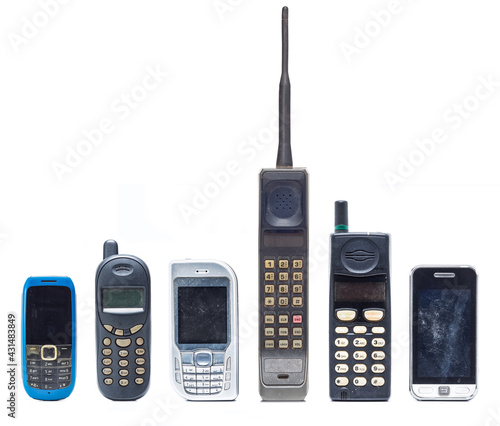 Group of old and obsolete mobile phone or cell phone on white background