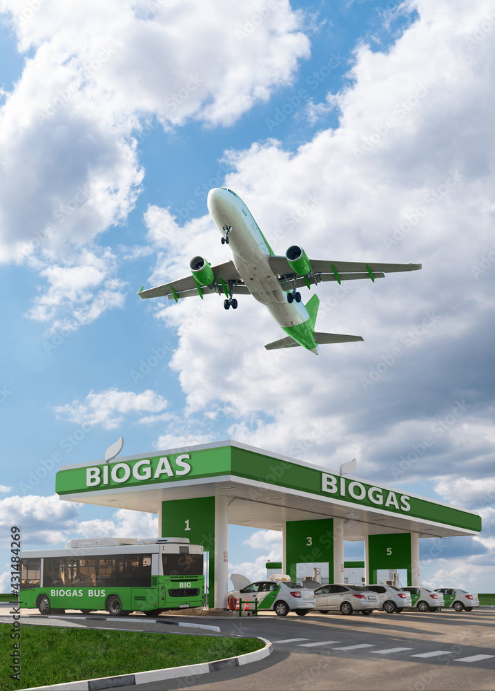 Airplane flies over the biogas station. Carbon neutral transportation concept