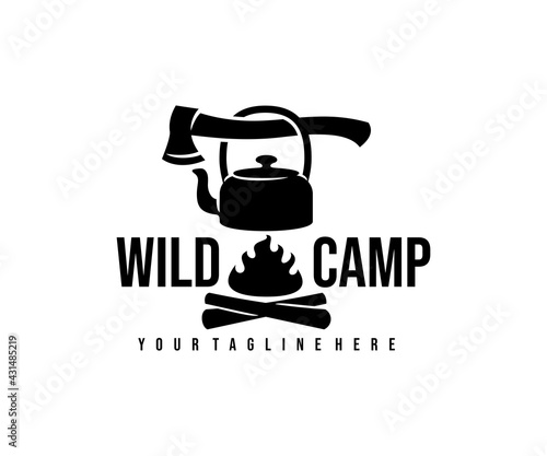 Camp, camping, ax, kettle and bonfire with fire, logo design. Hiking, adventure, survival and tourism, vector design and illustration