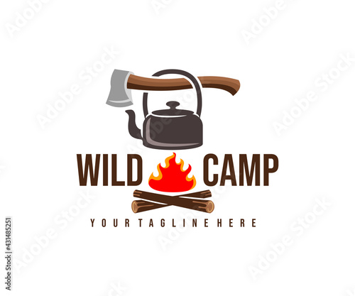 Camping, camp, ax, kettle and bonfire with fire, logo design. Hiking, adventure, survival and tourism, vector design and illustration