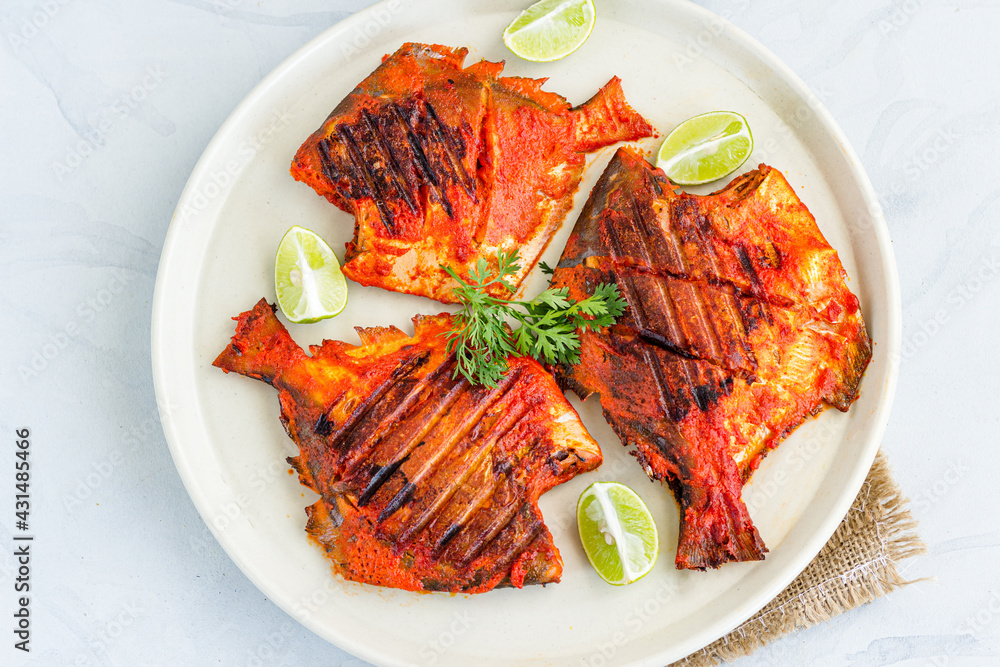 Tandoori Fish/Grilled Fish, Fish Appetizer Top Down Close Up Photo Tandoori Fish/Grilled Fish, Fish Appetizer Top Down Close Up Photo