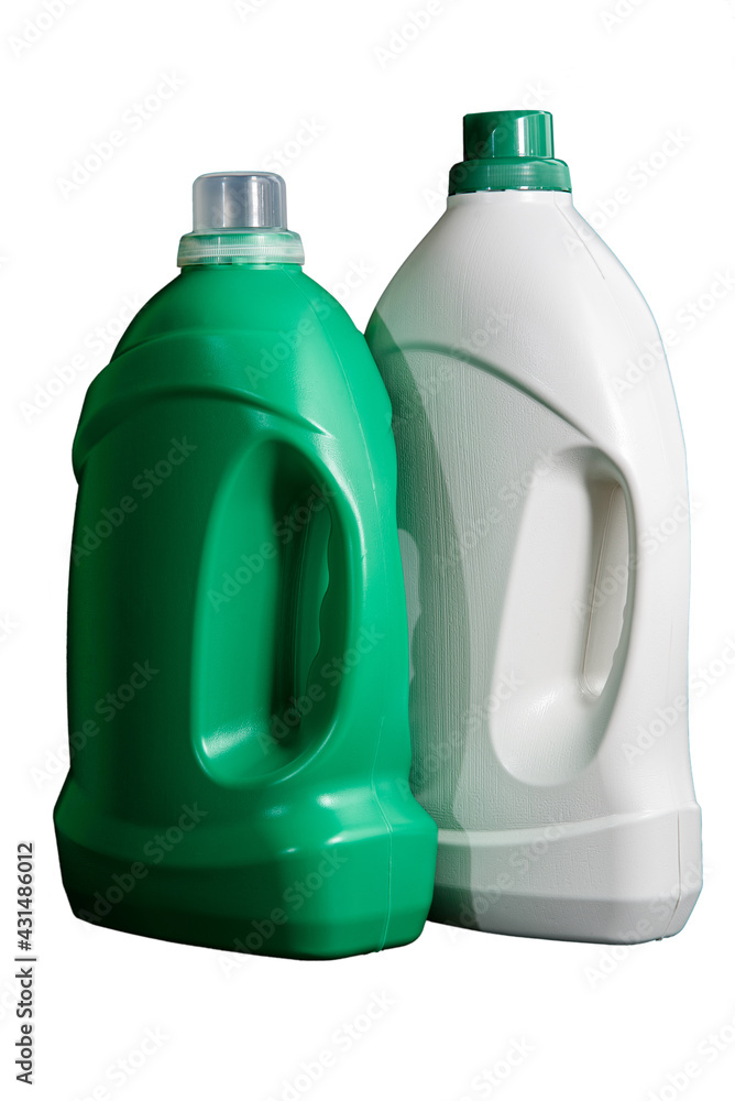 Bottles of laundry detergent or fabric softener isolated on white background. Two blank plastic green and white bottles. Mockup.