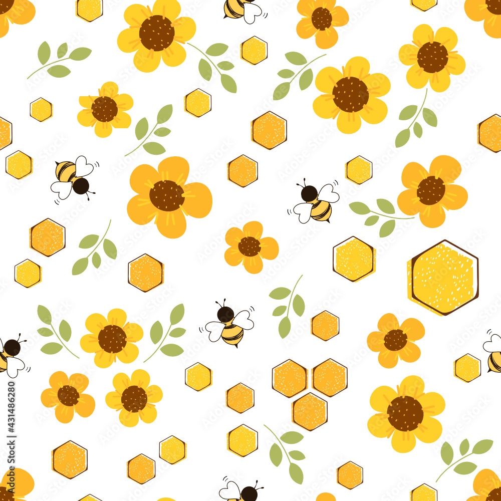 Seamless pattern with little flower and cute bee cartoons on white background vector illustration.