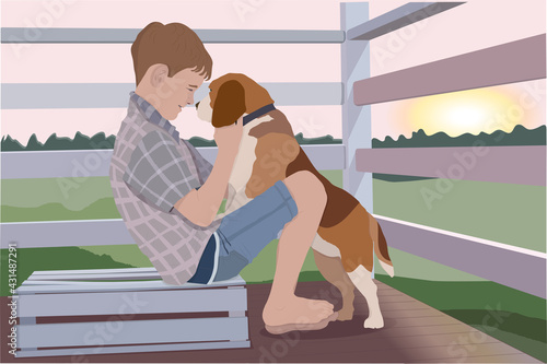 cute boy and dog beagle on the terrace of a summer house in the evening at sunset. vector drawing 