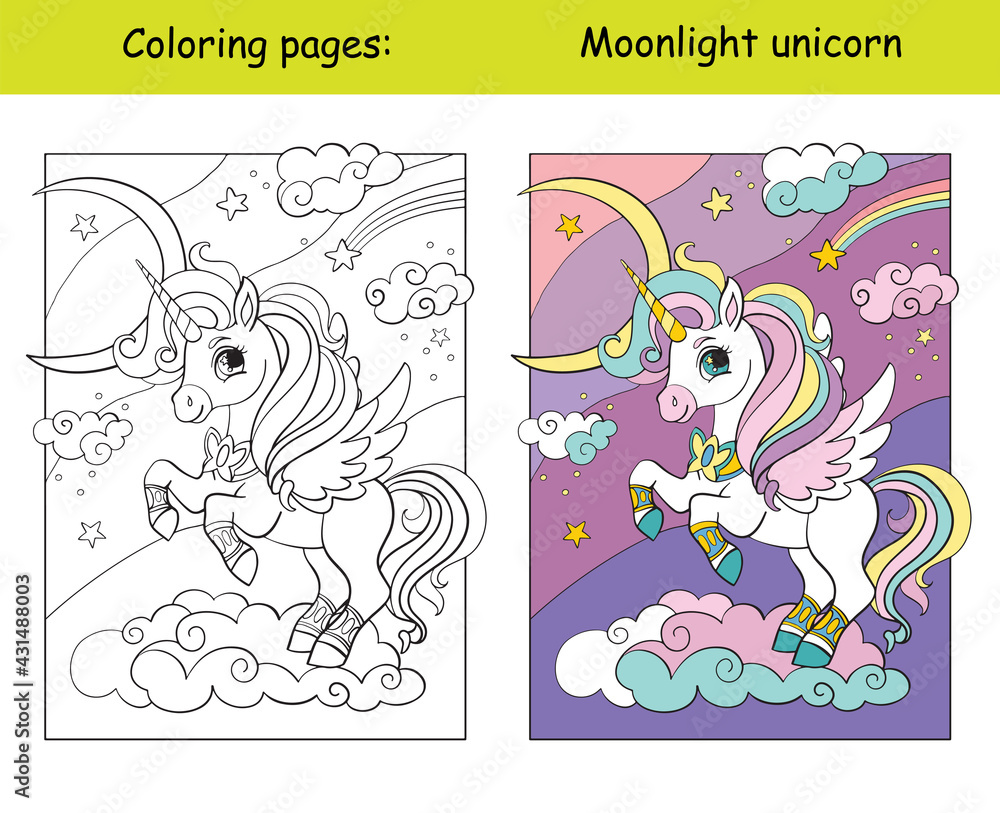 Cute unicorn with wings on a cloud coloring vector and template Stock ...