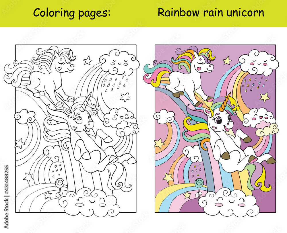 Fototapeta premium funny unicorns ride down the rainbow coloring