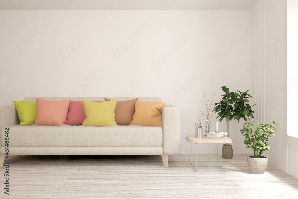 Fototapeta premium White living room with sofa. Scandinavian interior design. 3D illustration