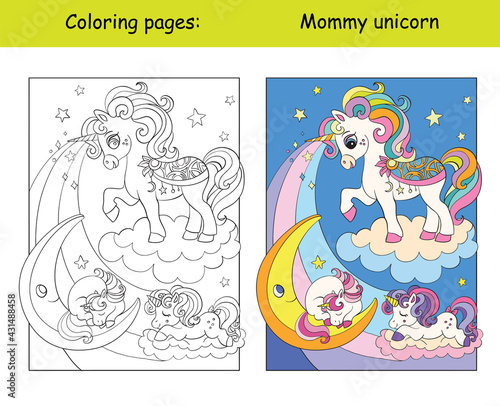 Mommy unicorn with two sleeping babies coloring