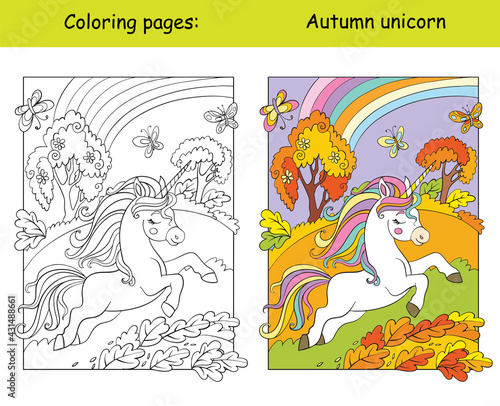 Cute running unicorn in the autumn forest coloring
