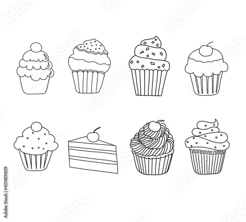 cute hand drawn Doodle cupcakes set. vector illustration