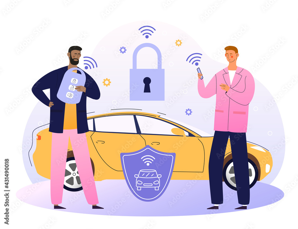 Businessman with car remote key and shield at car