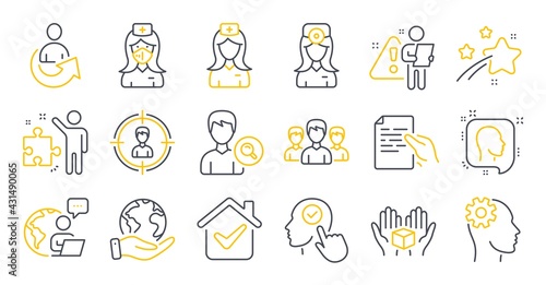 Set of People icons, such as Share, Search people, Save planet symbols. Engineering, Head, Select user signs. Oculist doctor, Strategy, Headhunting. Group, Nurse, Hospital nurse. Hold box. Vector