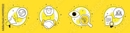Audit, Seo idea and Alarm clock line icons set. Megaphone, licence and deal vector icons. Court building sign. Arrow graph, Performance, Time. Judgement. Business set. Audit speech bubble. Vector