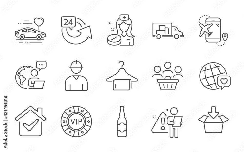 Flight destination, Vip chip and World brand line icons set. Nurse, Clean towel and 24 hours signs. Buyers, Honeymoon travel and Truck transport symbols. Engineer, Get box and Beer bottle. Vector