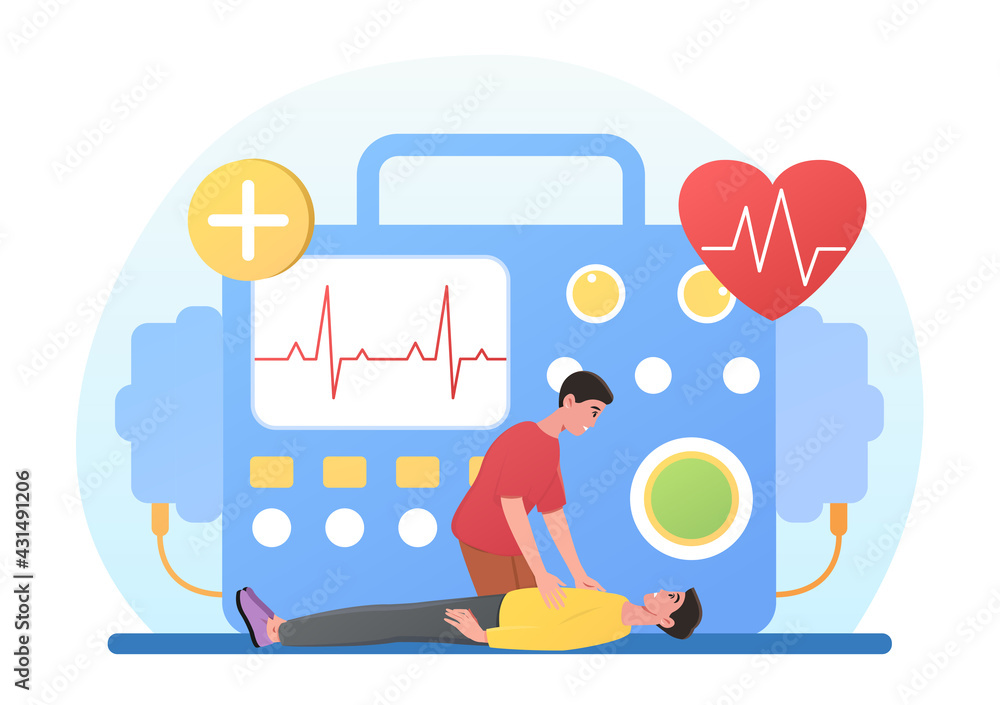 Male character is performing defibrillation to critical patient lying on ground. Male character is performing defibrillation to critical patient lying on ground.