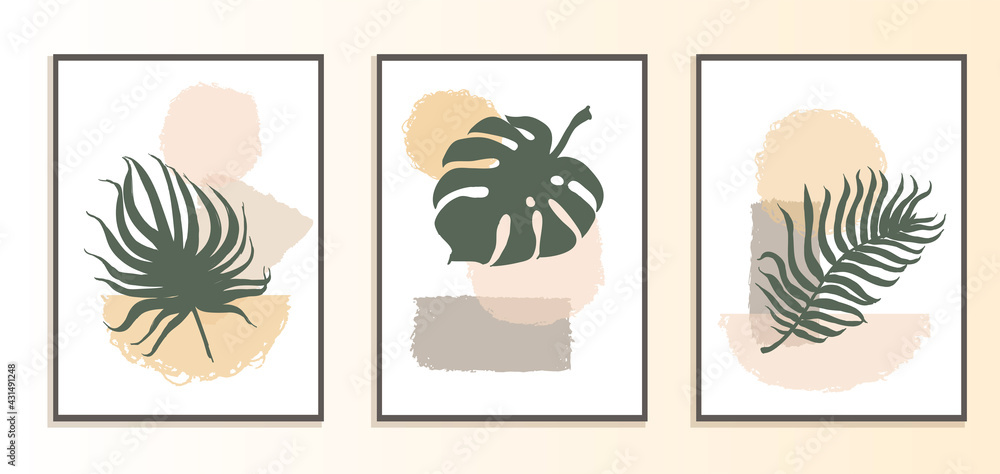 Set with collage modern poster with abstract shapes and illustration of plant