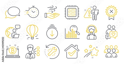 Set of Technology icons, such as Scroll down, Support, Dating chat symbols. Cpu processor, Timer, Reject medal signs. Third party, Air balloon, Search. Wind energy, Recovery tool, Bitcoin. Vector