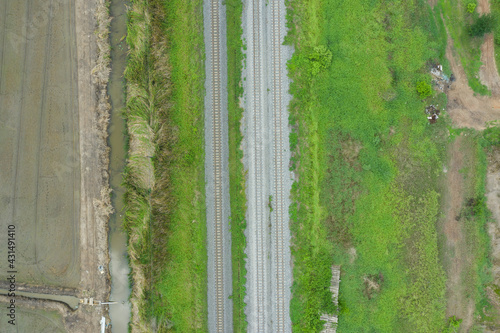 Aerial view from flying drone of railroad tracks