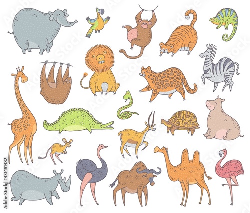 Fototapeta Naklejka Na Ścianę i Meble -  Cute set african and asian animals. Vector cartoon doodle safari characters illustration on white background.